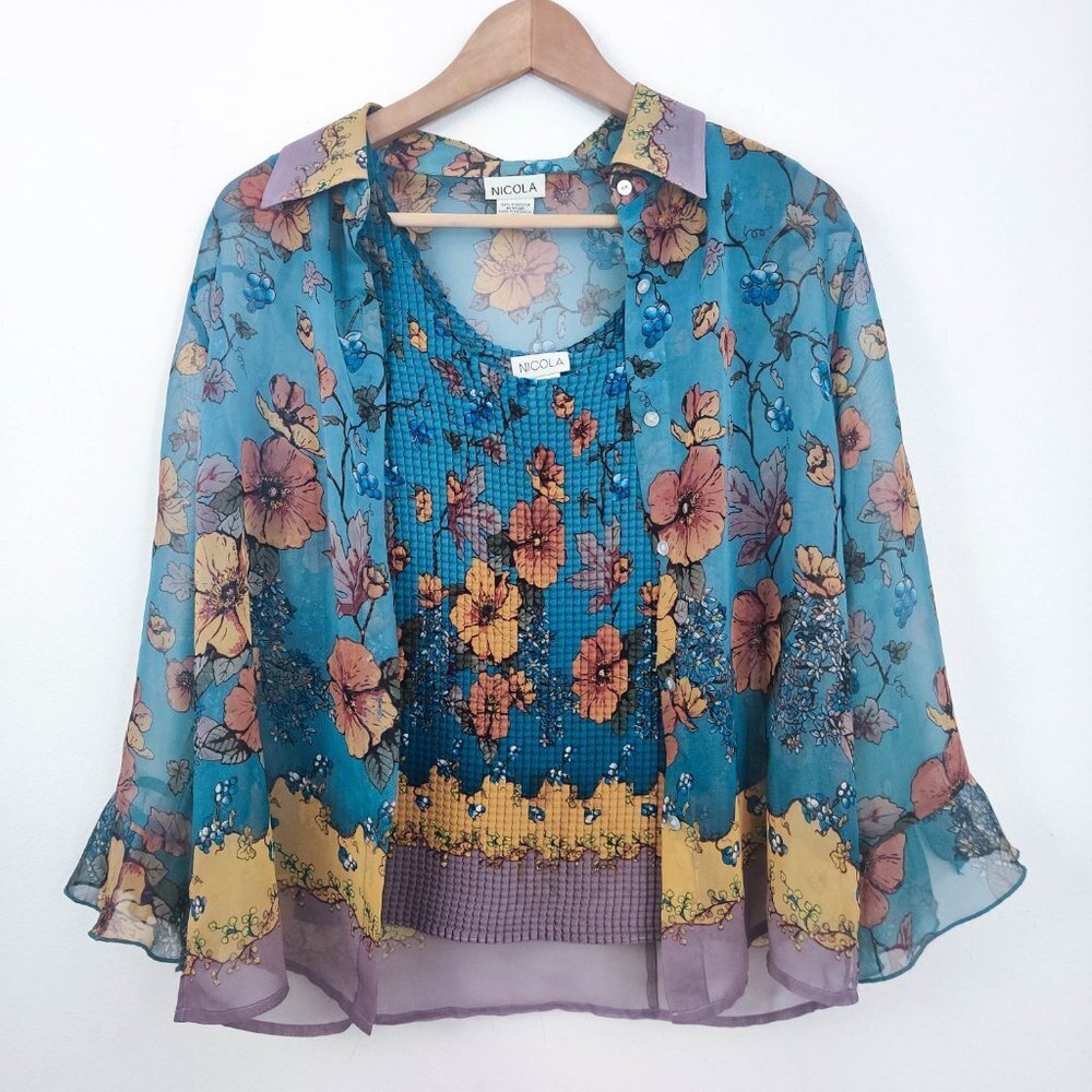 Vintage 90s Y2k Sheer Floral Popcorn Tank and Cardigan Set Medium